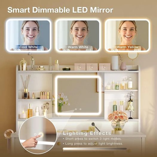 Vanity Desk with Movable LED Mirror and 8 Drawers, Dressing Table with Built-in USB Power Outlets & RGB Light Strip, Vanity Table with 4-Layer Adjustable Shelves, White Makeup Desk 110/40/137cm