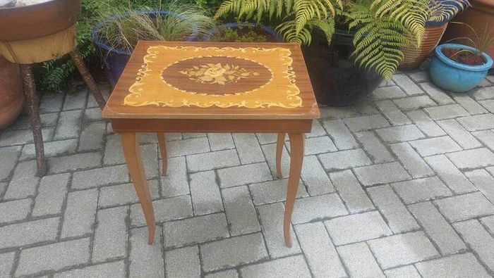 Vintage Mid Century Side Table with a Handmade Marquetry Panel Top Featuring a Floral Motif, Unknown Maker, Presume Italian-Made, Condition Issues, Needs Restoring