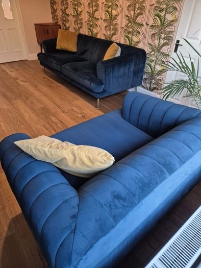 Navy velvet sofa and love arm chair