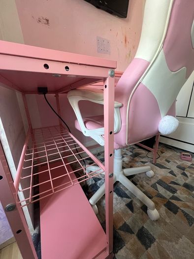 L Shaped Desk with Power Outlets & LED Lights & Pink Gaming Chair for Girls
