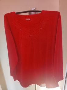 Red embroidered velvet long sleeve blouse size UK20 EU48 Postage included