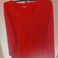 Red embroidered velvet long sleeve blouse size UK20 EU48 Postage included