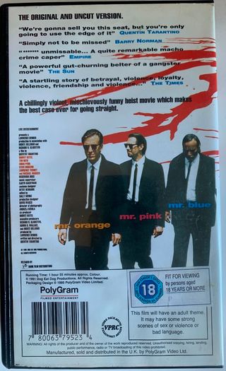 Reservoir Dogs (Quentin Tarantino Film) [1992] Harvey Keitel, Tim Roth, Chris Penn, Steve Buscemi, Lawrence Tierney, Michael Madsen, Quentin Tarantino & Edward Bunker (PAL VHS Cassette Movie)