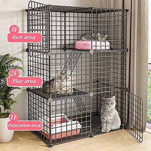 3 Tier Pet Playpen DIY Small Animal Cage Guinea Pig Rabbits Hamster Bunny Puppy Cat Metal Exercise Fence Enclosure Run Cage Metal with 3 Doors 2 Ladders 24 Panels Black 109 x 75 x 39 cm