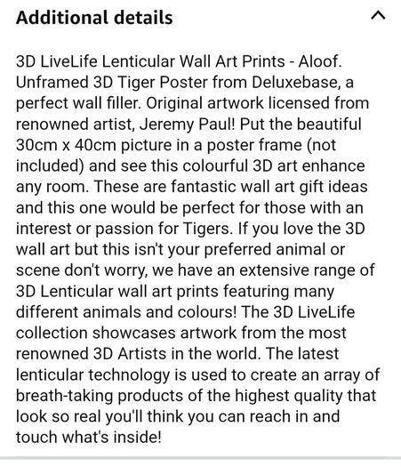 3D LiveLife Lenticular Wall Art Prints - Aloof From Deluxe Base - Unframed 3D Tiger - Size - 40cm x 30cm - RRP - 18.99