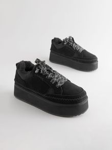 Size 7 Black Forever Comfort Chunky Trainers Runners Cosy Faux Fur Lined Suede