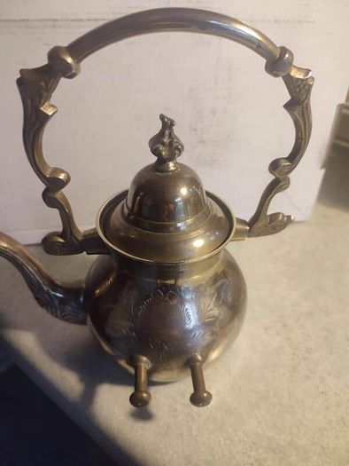 Antique Engraved Victorian Brass Hot Water Tea Kettle RARE EUC