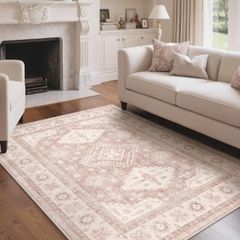 160x230cm,Large Washable Pink Rug with Non-Slip Backing,Boho Short Pile Soft Carpet for Home Office & Dining Room