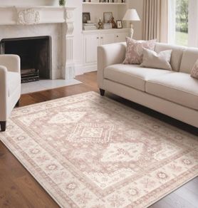 160x230cm,Large Washable Pink Rug with Non-Slip Backing,Boho Short Pile Soft Carpet for Home Office & Dining Room