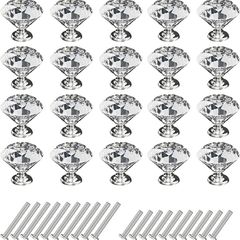 20Pcs 30mm Crystal Door Knobs, Glass Drawer Knobs Crystal Door Handles Diamond Pulls Zinc Alloy with 40 Screws of 2 Sizes 25mm, 19mm for Home Kitchen Office Chest Bin Drawer Decorating, Black (FREE POSTAGE)