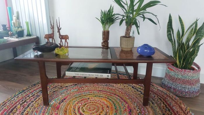 Stunning and Unique/Rare Mid Century Modern Wooden Coffee Table with Smoked Glass and Acid-Etched Copper Inlay and Slatted Magazine Shelf