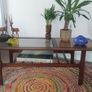 Stunning and Unique/Rare Mid Century Modern Wooden Coffee Table with Smoked Glass and Acid-Etched Copper Inlay and Slatted Magazine Shelf Image 5
