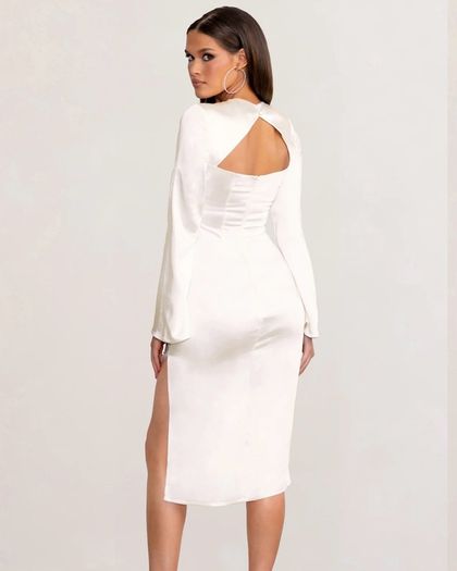 CLUB L Zaina White Long Sleeve Midi Dress With High Neckline Size 14!
