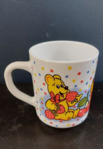 Vintage Rare Collectable Arcopal France Childrens Milk Glass Dining Set with Haribo Sweets Motifs, Consisting of A Mug, Cereal Bowl and 20cm Plate, circa 1970