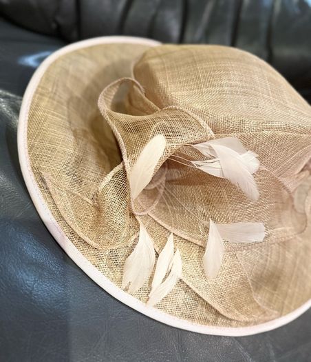 Yellow Wide Brim Natural Fibre & Feathers Statement Occasion Hat