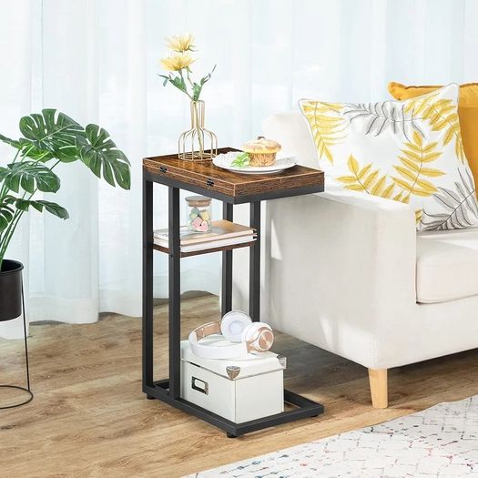 C Shaped Side Table, Foldable Sofa Table, Small Table Bedside Tables, Laptop Table for Sofa, Folding Side Table Small Coffee Tables for Living Room, Bedroom, Rustic Brown and Black
