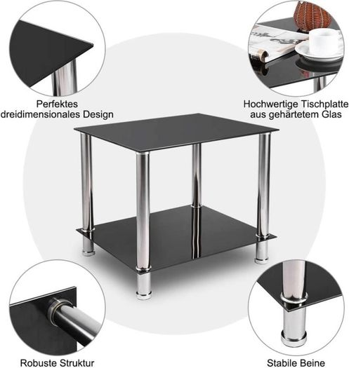Coffee Table Tempered Glass Living Room Table Side Table Industrial Design Sofa Table 2 Tier Glass Table with Chrome Legs Coffee Table Metal Console Table for Living Room Balcony Hallway Black (FREE POSTAGE)