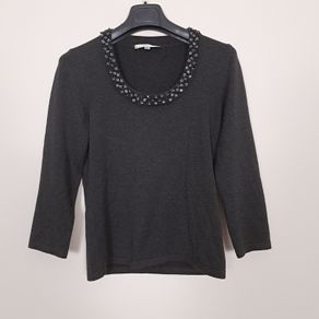 LK Bennett Blue Navy Grey Beaded Embellished Scoop Neck Long Sleeve Knit Top Size M