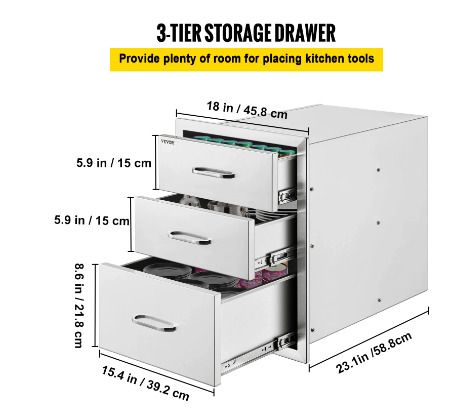 BRAND NEW Stainless Steel Outdoor Kitchen Drawer With Handle Triple Layer