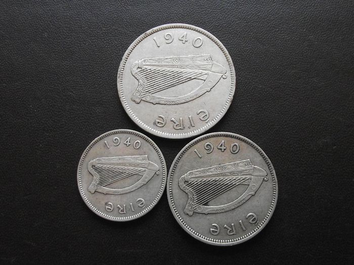 1940 Irish Republic. Set of 3 Silver Coins: Half Crown&Florin&Shilling