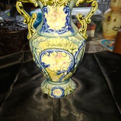 Antique Majolica Vase featuring ornate double handles, Postage Available