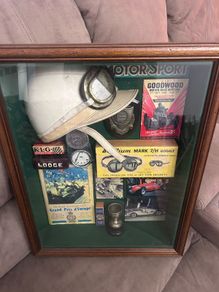 Vintage 1940s/1950s Motor-Racing Memorabilia Display in Deep Wooden Frame