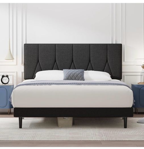 King Bed Frame, Black, Upholstered Wooden Slat Bed Frame with Headboard
