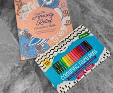 New Anxiety Relief Adult Colouring Book & 24 Pack Fibre Pens Bundle