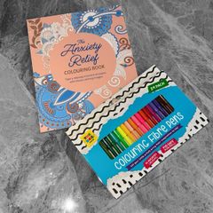 New Anxiety Relief Adult Colouring Book & 24 Pack Fibre Pens Bundle