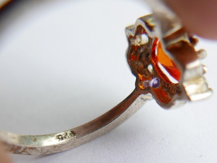 Vintage 925 Sterling Silver Ring with Central Orange Stone and Accent Stones