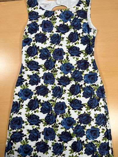 Laura Ashley Womens Dress White A-Line Linen Blue Rose Floral Print Retro SZ 10