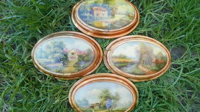 Vintage four oval wooden bubble convex dome wall painting, painting wall oval frame 6,3" x 4,3" 50 each