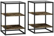 2-Piece Side Table Set with Glass Top, 3-Tier Design, Metal Frame, for Living Room, Bedroom, Brown
