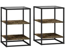 2-Piece Side Table Set with Glass Top, 3-Tier Design, Metal Frame, for Living Room, Bedroom, Brown
