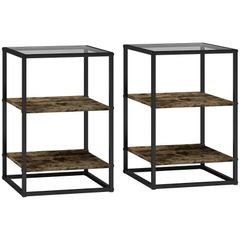 2-Piece Side Table Set with Glass Top, 3-Tier Design, Metal Frame, for Living Room, Bedroom, Brown