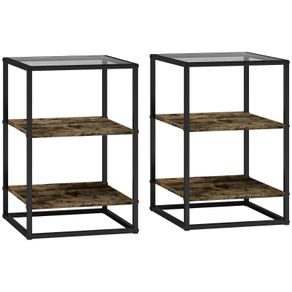 2-Piece Side Table Set with Glass Top, 3-Tier Design, Metal Frame, for Living Room, Bedroom, Brown