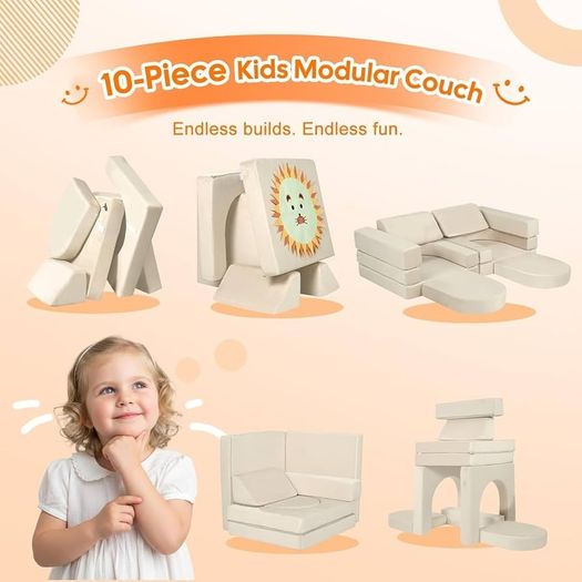 10-Pieces Kids Play Sofa, Modular Toddler Chair Couch, Beige Toddler Couch with Fold Out Foam Design, Convertible Sectional Playset For Girls Boys Bedroom Playroom