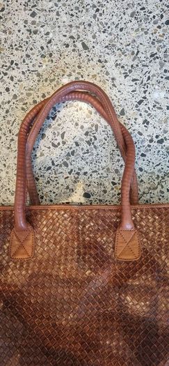 brown leather woven shoulder bag