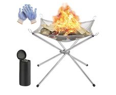 Outdoor Folding Firepit Fireplace with Heat Resistant Gloves & Carrying Bag, Stainless Steel Mesh BBQ Fire Bowl for Picnics, Bonfire, Patio, Backyard and Garden