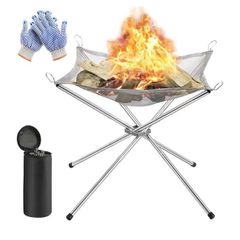 Outdoor Folding Firepit Fireplace with Heat Resistant Gloves & Carrying Bag, Stainless Steel Mesh BBQ Fire Bowl for Picnics, Bonfire, Patio, Backyard and Garden