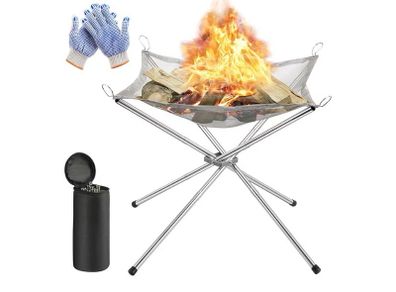 Outdoor Folding Firepit Fireplace with Heat Resistant Gloves & Carrying Bag, Stainless Steel Mesh BBQ Fire Bowl for Picnics, Bonfire, Patio, Backyard and Garden