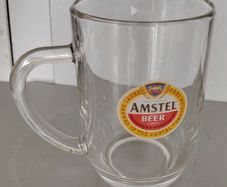Vintage Amstel Bier Pint Tankard Glass 20oz - ARC France 1980s Flat Top D-Handle (23cm)