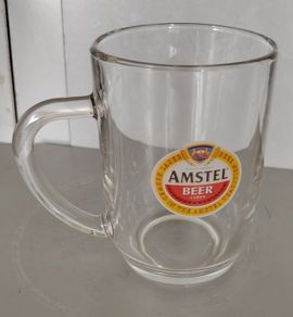 Vintage Amstel Bier Pint Tankard Glass 20oz - ARC France 1980s Flat Top D-Handle (23cm)