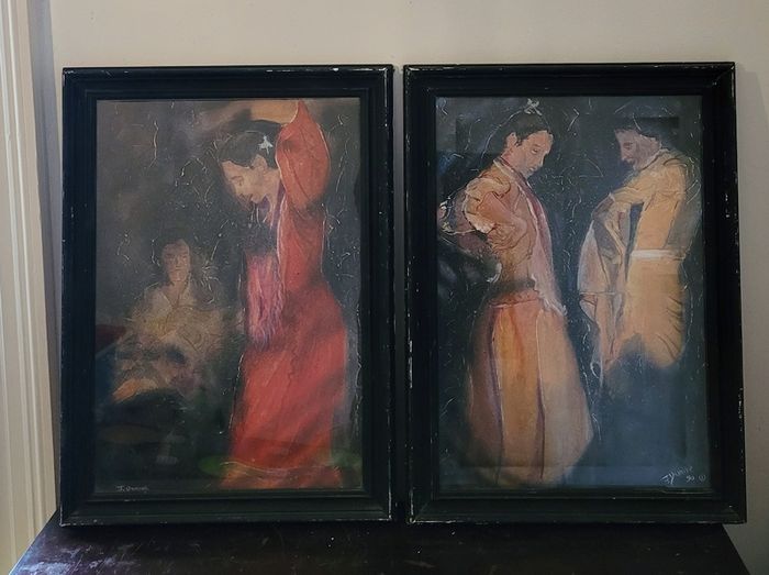 Vintage pair of framed oil on paper "Spanish dancers" by J.Dunne