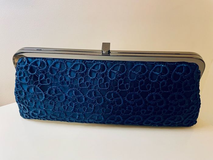 Olga Berg Navy Satin & Lace Clutch Bag with Chain Strap New