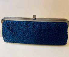 Olga Berg Navy Satin & Lace Clutch Bag with Chain Strap New