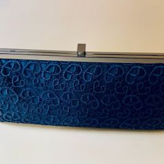 Olga Berg Navy Satin & Lace Clutch Bag with Chain Strap New