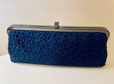 Olga Berg Navy Satin & Lace Clutch Bag with Chain Strap New