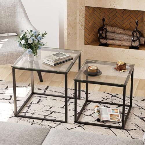 Coffee Table, Set of 2, Modern Living Room Table, Glass Coffee Table, Small, Side Table, Sofa Table, Coffee Table for Living Room, Bedroom, Office, 50/45 cm, Black