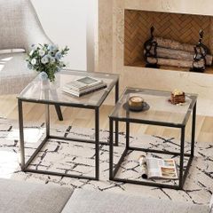 Coffee Table, Set of 2, Modern Living Room Table, Glass Coffee Table, Small, Side Table, Sofa Table, Coffee Table for Living Room, Bedroom, Office, 50/45 cm, Black